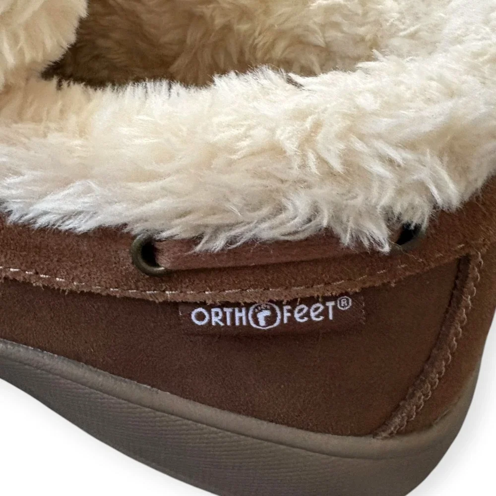 Orthofeet Brown Suede Faux Fur Orthopedic Moccasin Capri Slippers 9E Quite Lux